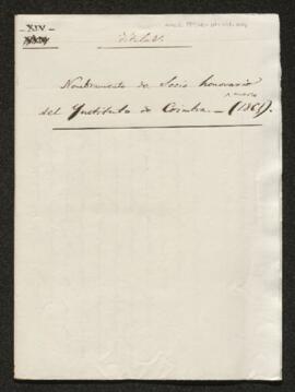 XIV. Nomenament de soci honorari de l'Institut de Coïmbra (sig: 279/14)